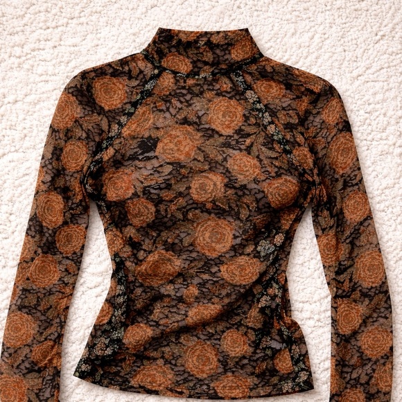 Free People Lyric Floral Mesh Mock Neck Top NWT Medium Sheer Fitted Long Sleeve - Picture 9 of 9